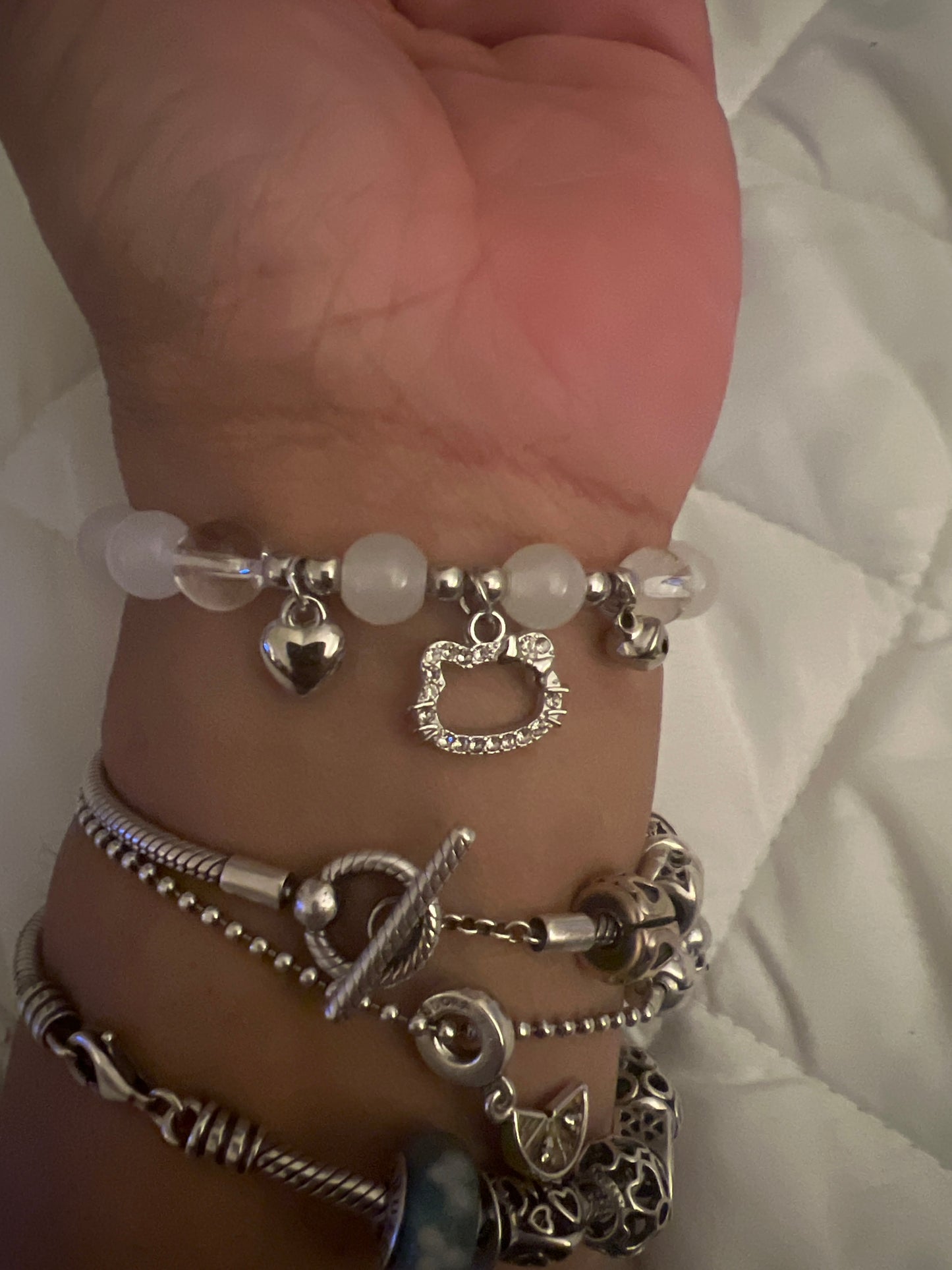 Silver beaded kitty bracelet